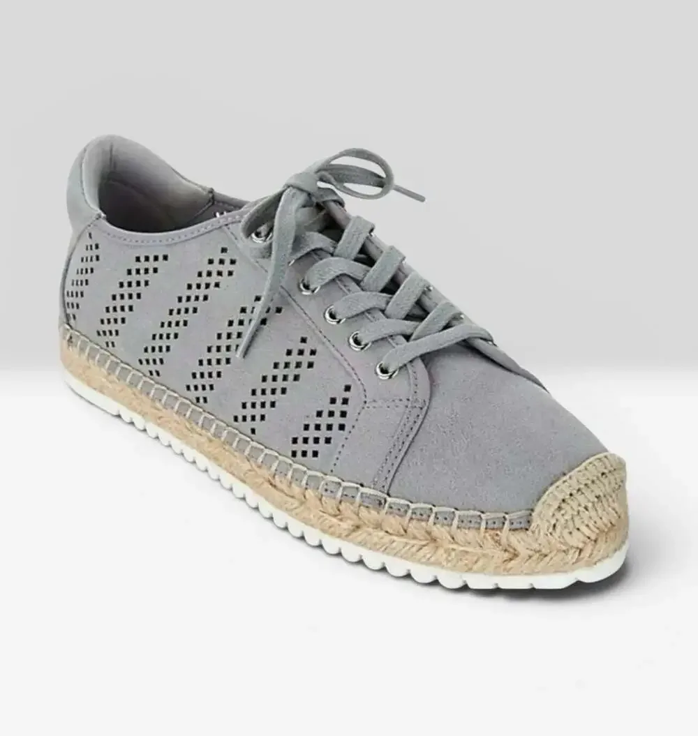 New Marc Fisher Baila Perforated Lace-Up Espadrille Sneakers Grey Size 8